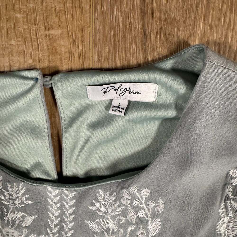 Polagram Sage Green Embroidered Floral Ruffle Sleeve Midi Dress Size L - Picture 3 of 11
